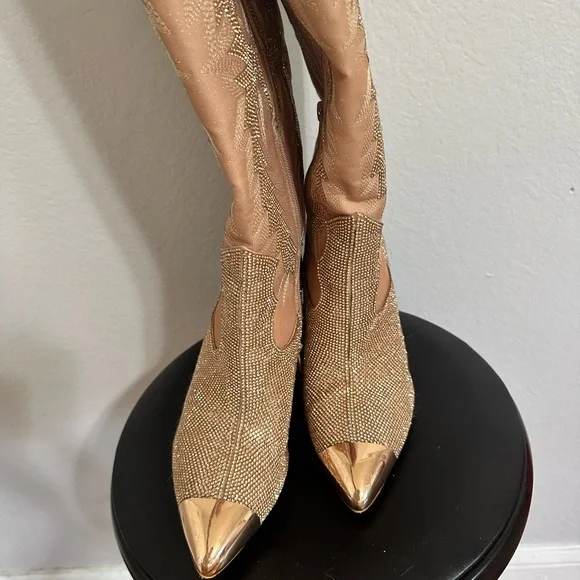 Rose Gold Gianni Bini Katyanna Over The Knee Rhinestone Boots - Picture 3 of 9